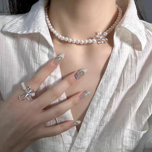 S925 Sterling Silver Bow Pearl Bracelet necklace ring
