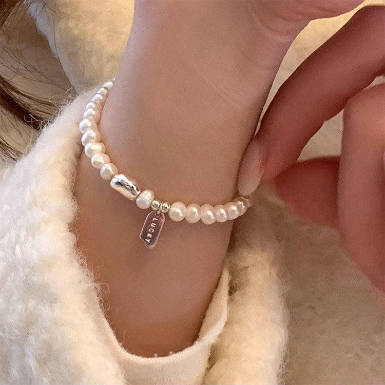 s925 sterling silver LUCKY square freshwater pearl bracelet