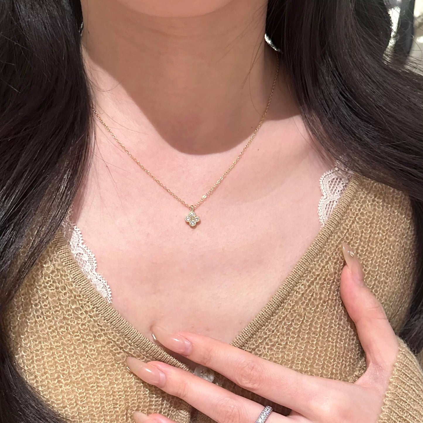 S925スターリングシルバーメッキ、14Kゴールド四つ葉のクローバーフラワーダイヤモンドネックレス