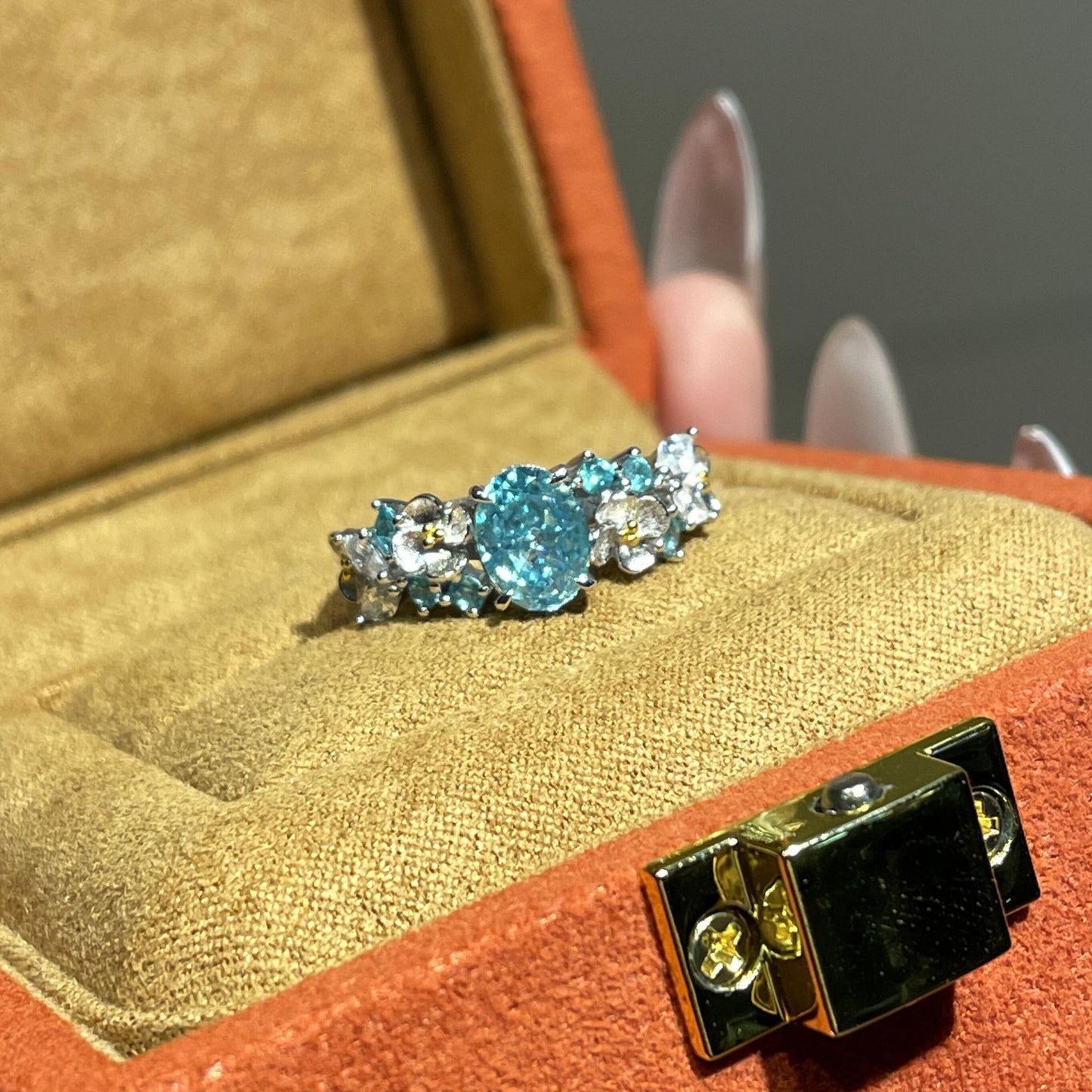 S925 sterling silver flower fairy blue hydrangea paraiba ring