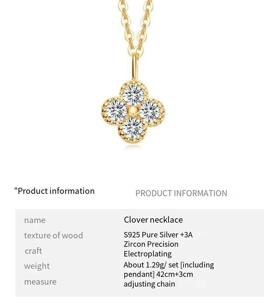 S925 sterling silver plated with 14K gold four-leaf clover flower diamond necklace