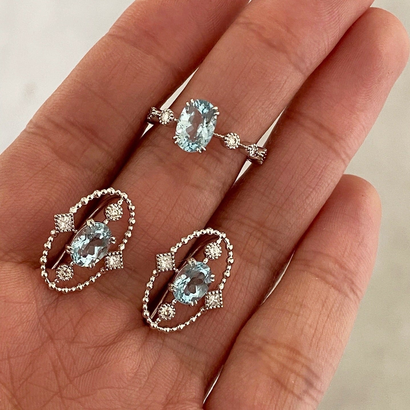 S925 sterling silver palaiba lace navy blue treasure Topaz ring stud earrings suit