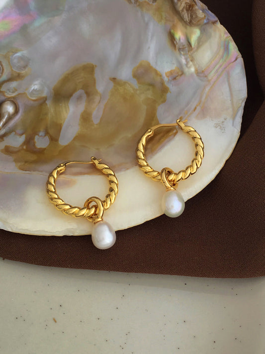 Copper Plated Real Gold Elegant Twist Pearl Earrings