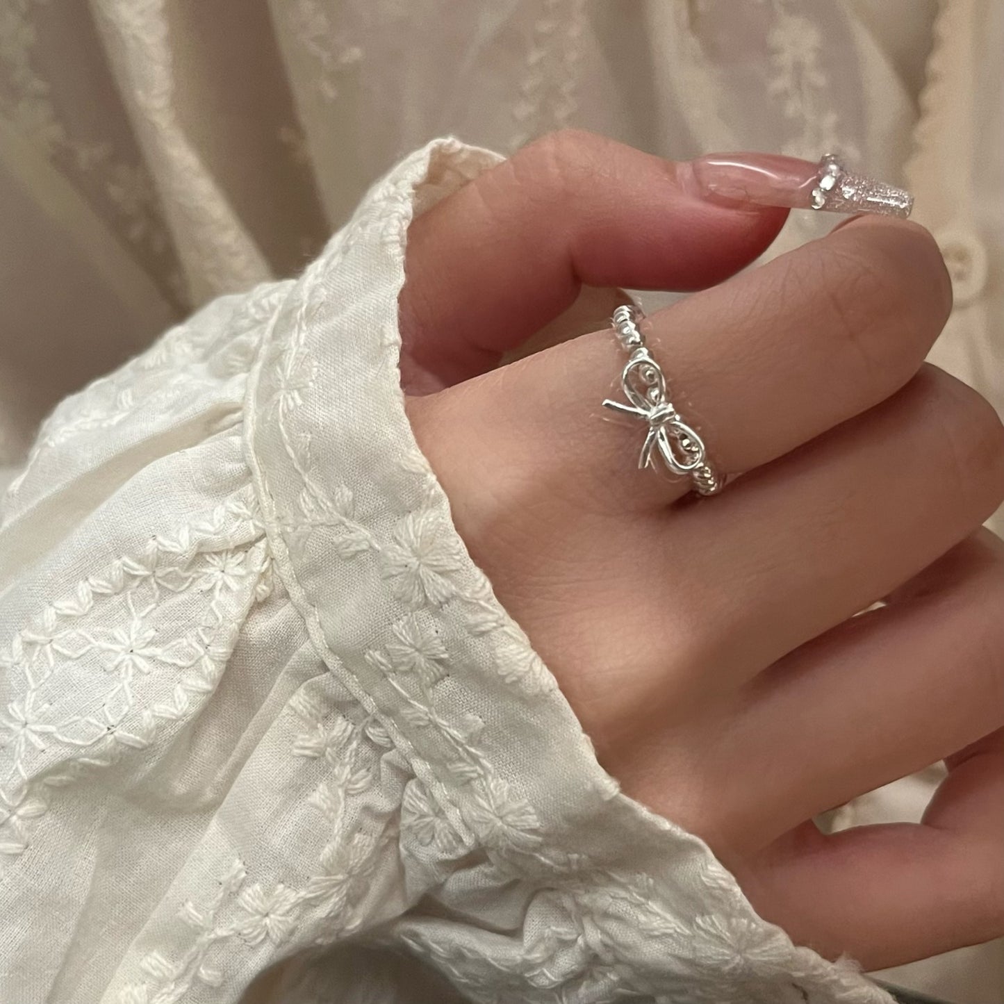 S925 Sterling Silver Bow Beaded Ring