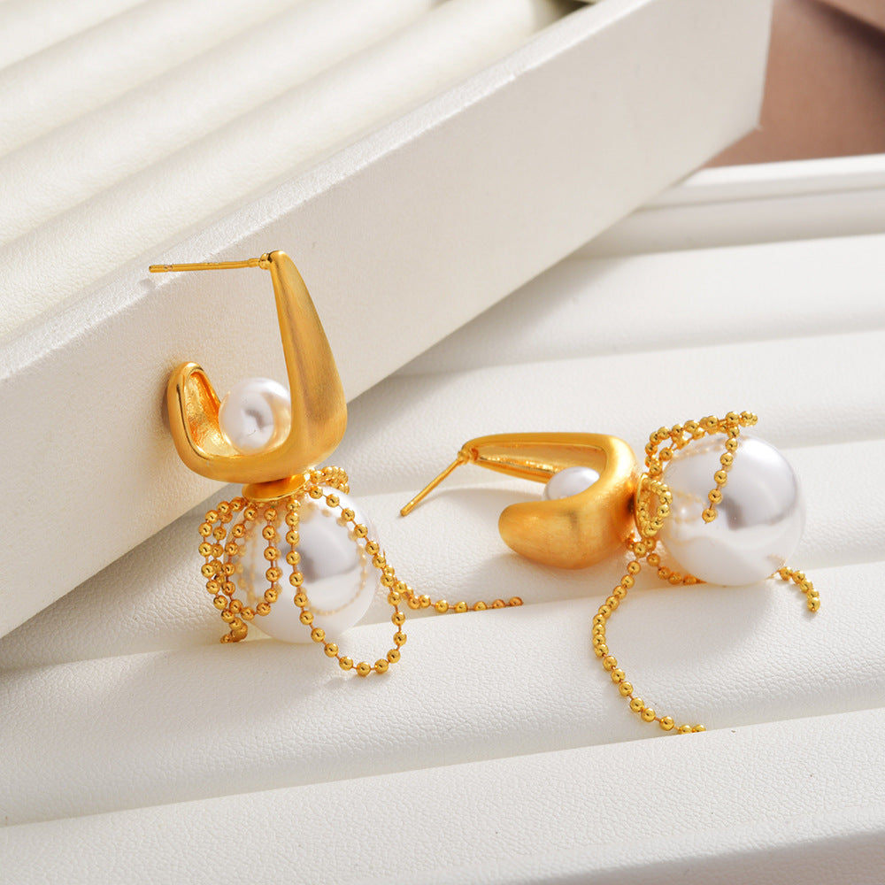 Brushed Pearl Bow Lace Tassel Earrings
