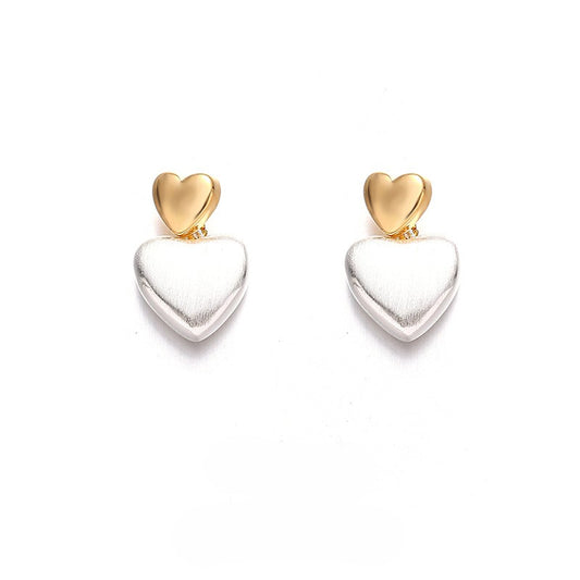 Double love gold wire drawing heart-shaped ball earrings