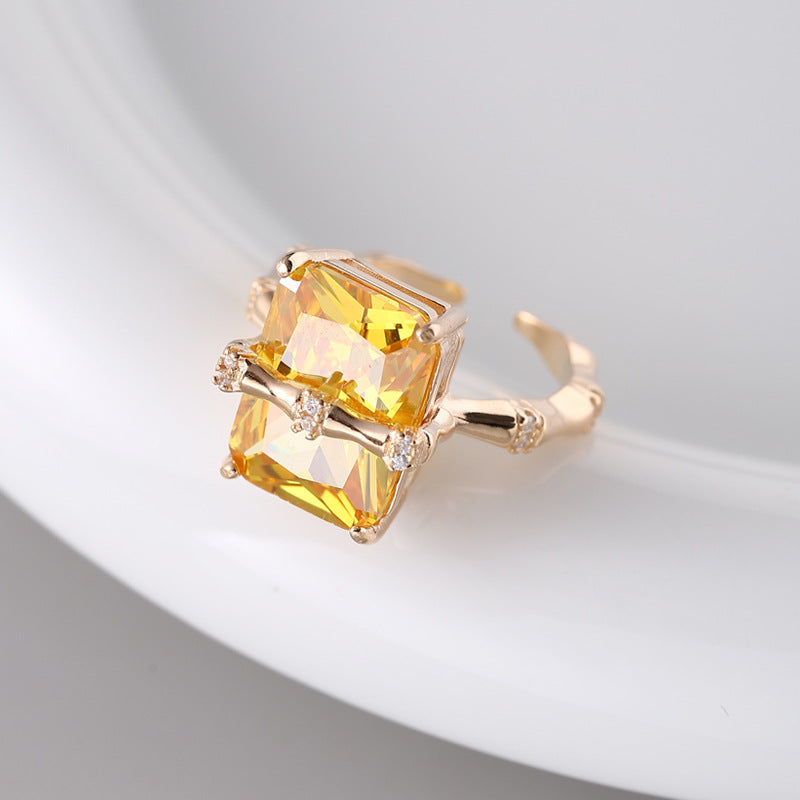925 sterling silver square citrine bamboo zircon ring