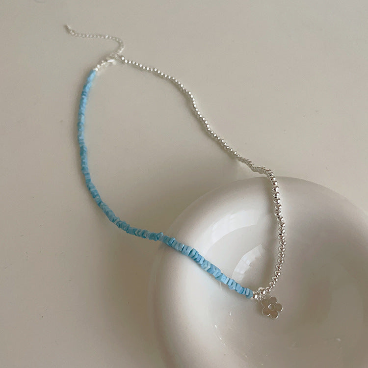 Blue natural stone metal flower necklace