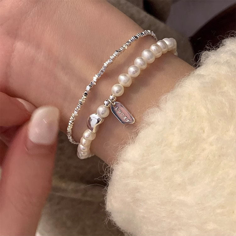 s925 sterling silver LUCKY square freshwater pearl bracelet