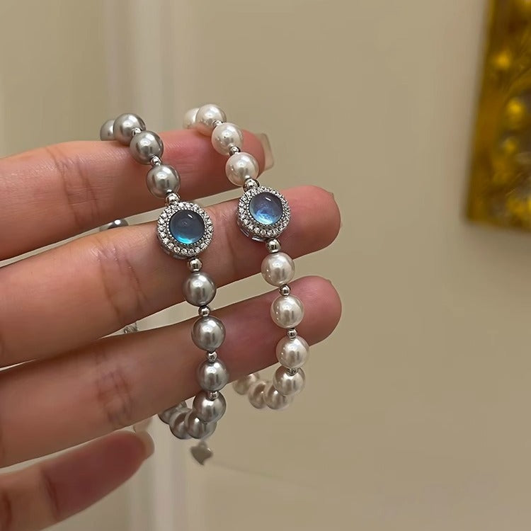 S925スターリングシルバーアクアマリンパールシングルダイヤモンドブレスレット