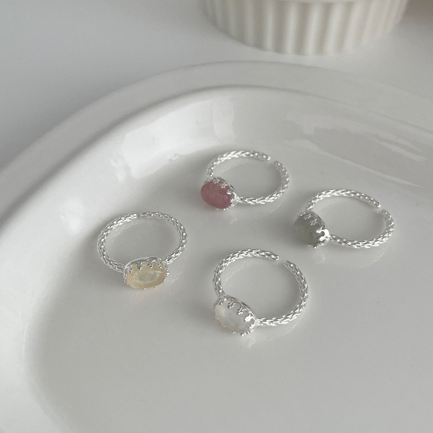 S925 Silver Geometric Oval Crystal Ore Ring