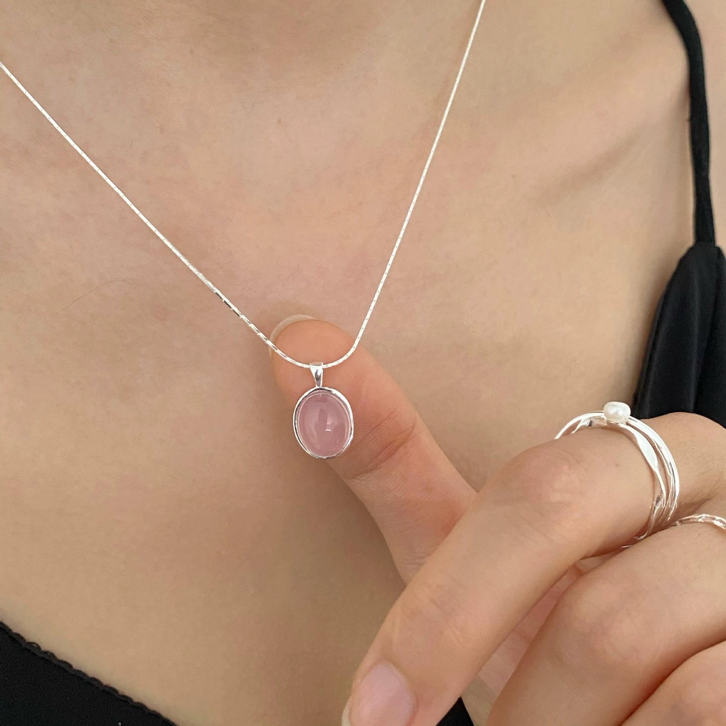 S925 Sterling Silver Pink Chalcedony Necklace