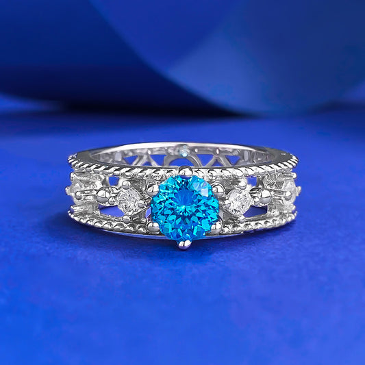 S925 Silver One Carat Sea Blue Diamond Fireworks Cutting Ring