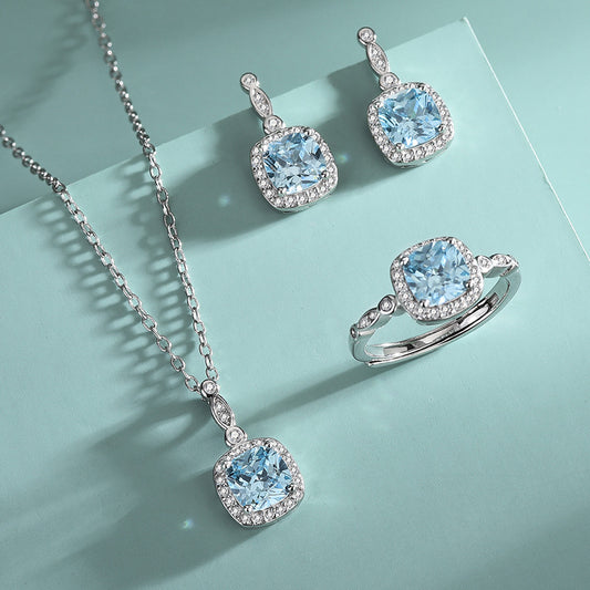S925 Sterling Silver Ocean heart blue gem ring necklace Earrings