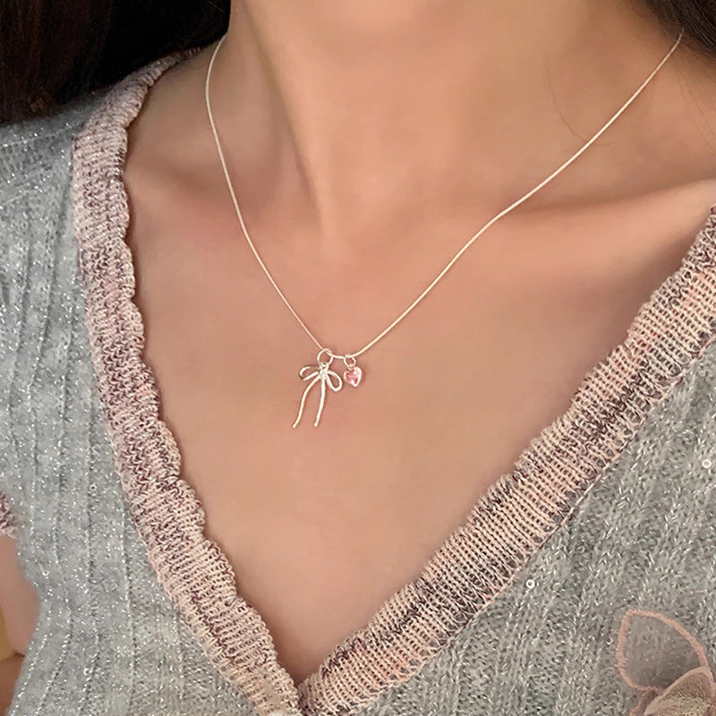 S925 Sterling Silver Bow Pink Diamond Love Necklace