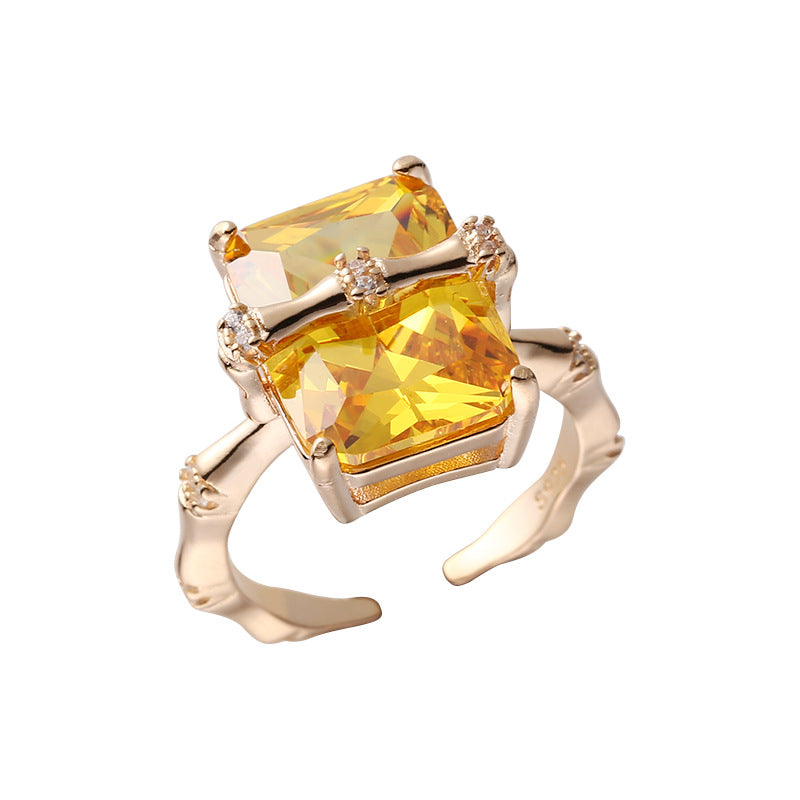 925 sterling silver square citrine bamboo zircon ring