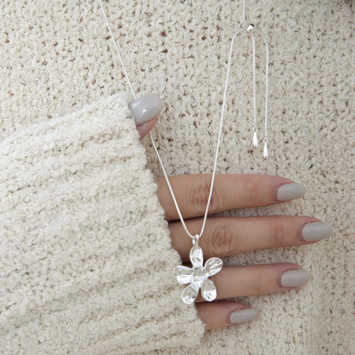 Silver Flower Sweater Chain Necklace