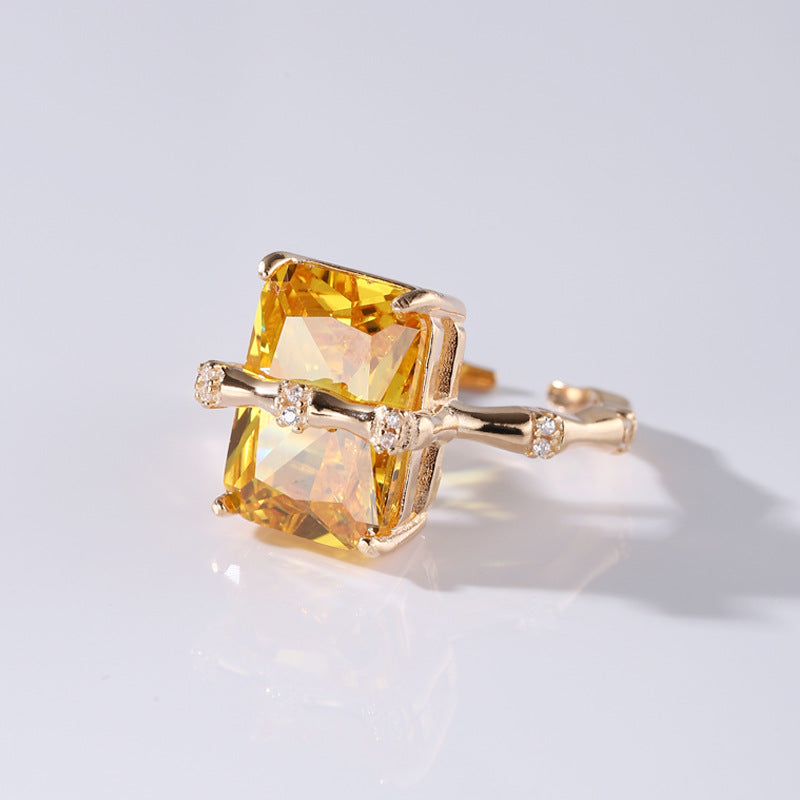 925 sterling silver square citrine bamboo zircon ring