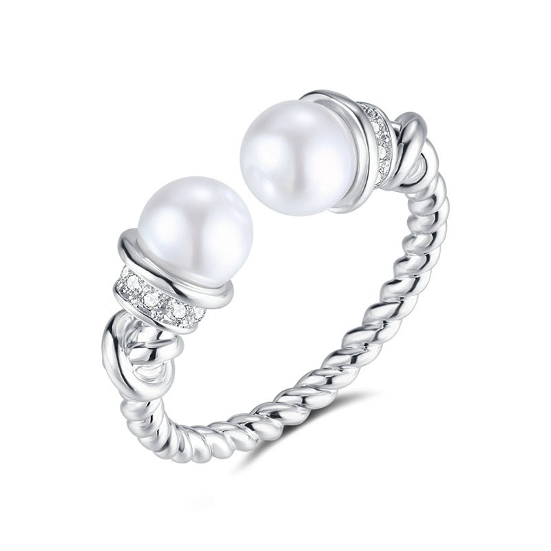 S925 sterling silver Fried Dough Twists pearl ring Swarovski pearl opening adjustable
