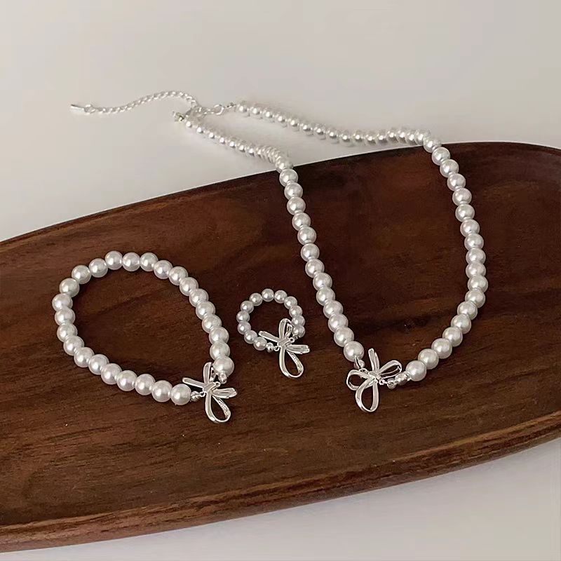 S925 Sterling Silver Bow Pearl Bracelet necklace ring