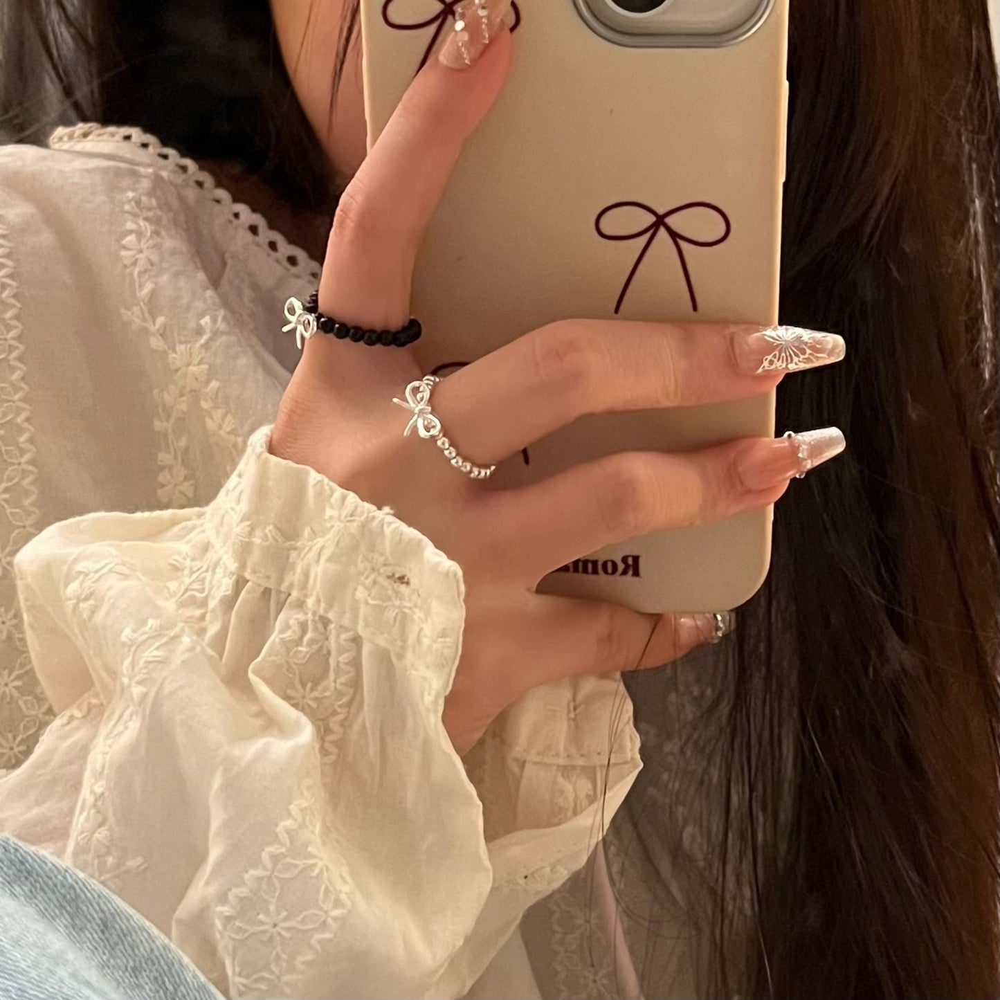 S925 Sterling Silver Bow Beaded Ring