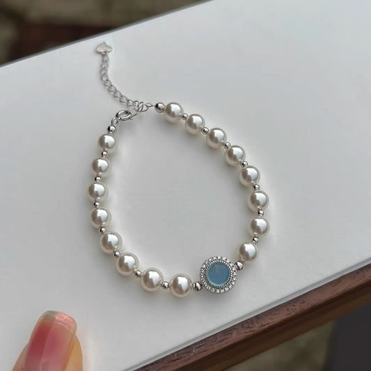S925 sterling silver Aquamarine Pearl single diamond bracelet