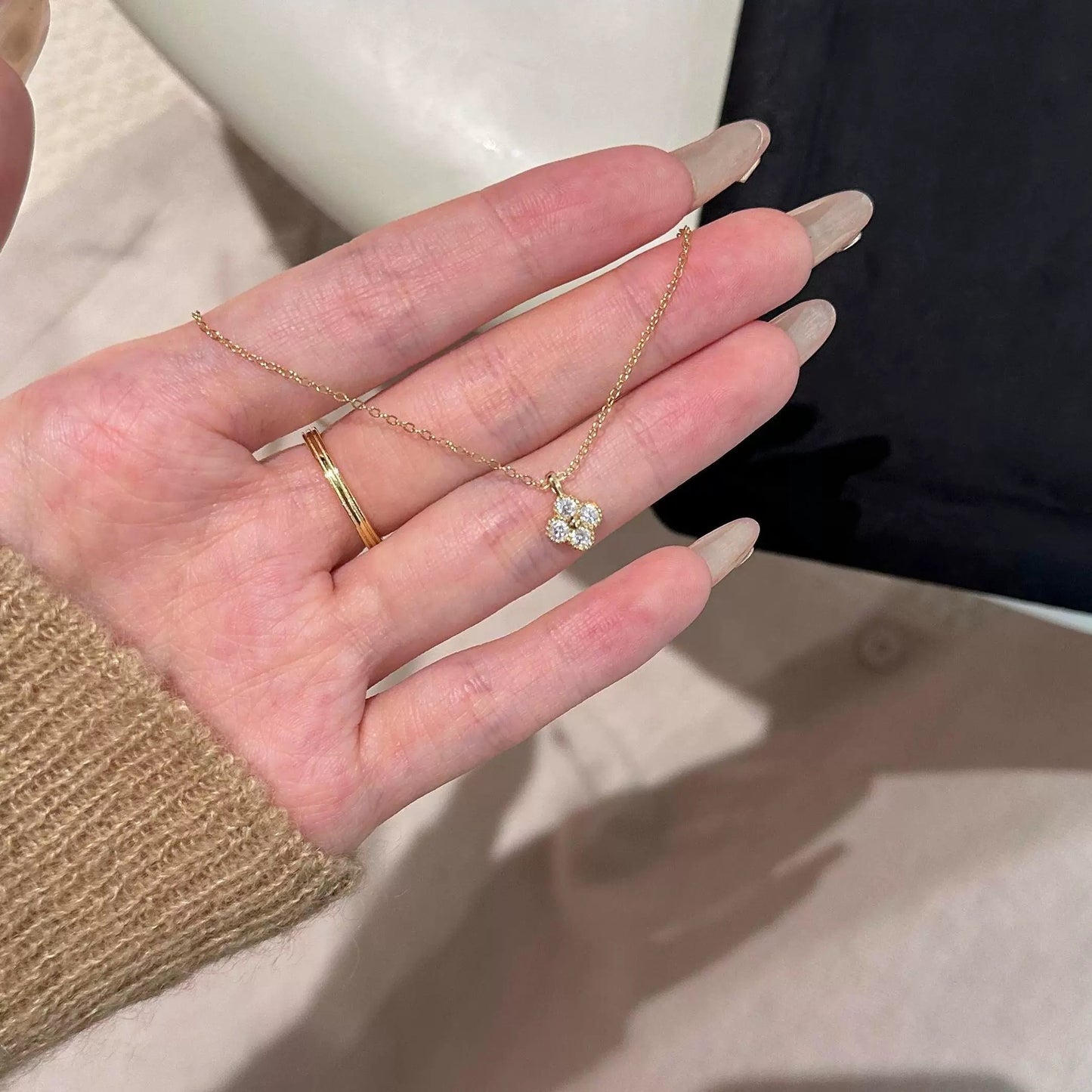 S925スターリングシルバーメッキ、14Kゴールド四つ葉のクローバーフラワーダイヤモンドネックレス