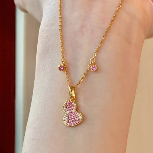 S925 sterling silver micro-inlaid pink gourd necklace bracelet set