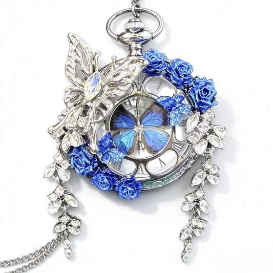 Movable Real Butterfly Specimen Pocket Watch, Preserved Elegant Blue Butterfly Vintage Pendant Watch Gift