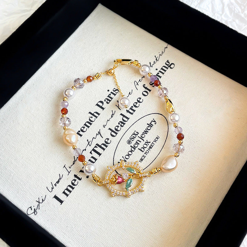 Copper plated 18k gold freshwater pearl zircon rose necklace earrings bracelet set does not fade.