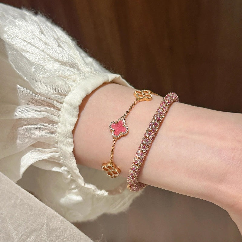 Rose Pink Flower Flash Diamond Clover Bracelet Necklace Earrings Set