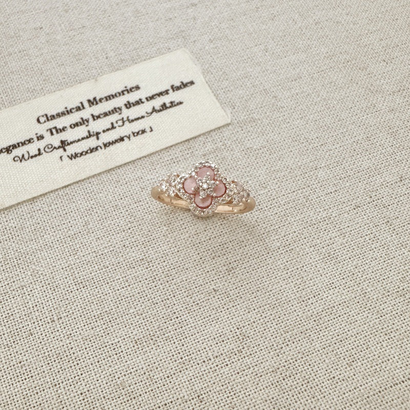 Pink clover flowers with zircon rose gold earrings necklace bracelet ring set