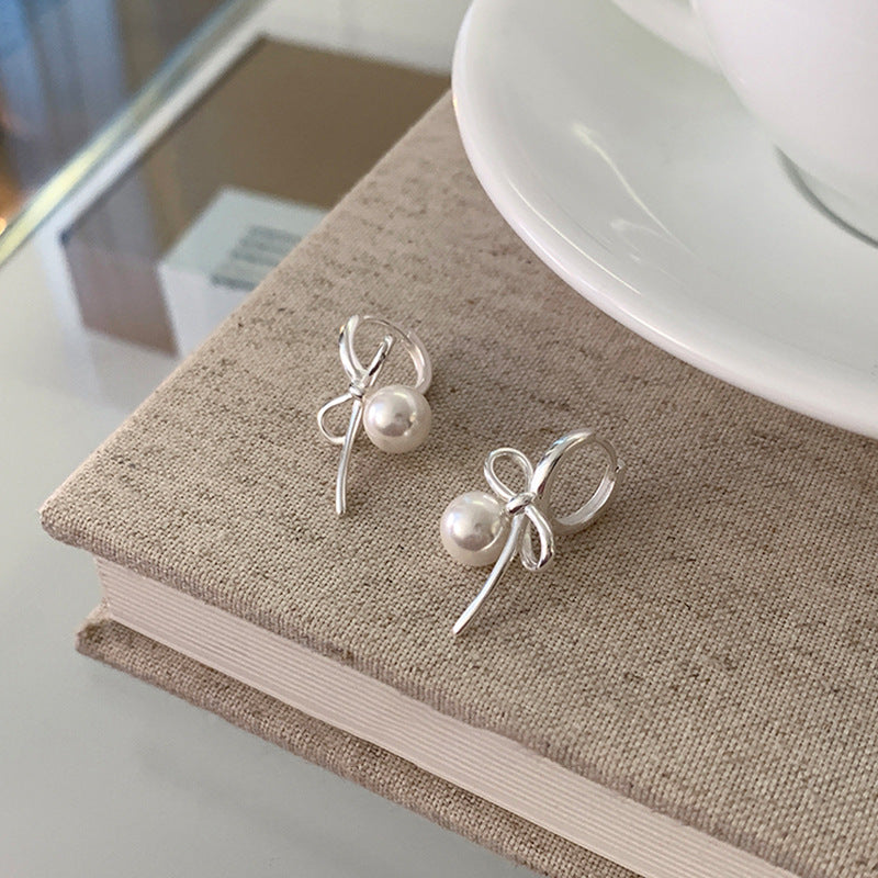 925 silver needle plated with real gold Bow Pearl Earrings