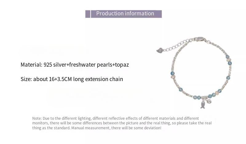 S925 sterling silver blue crystal fish freshwater pearl silver bracelet