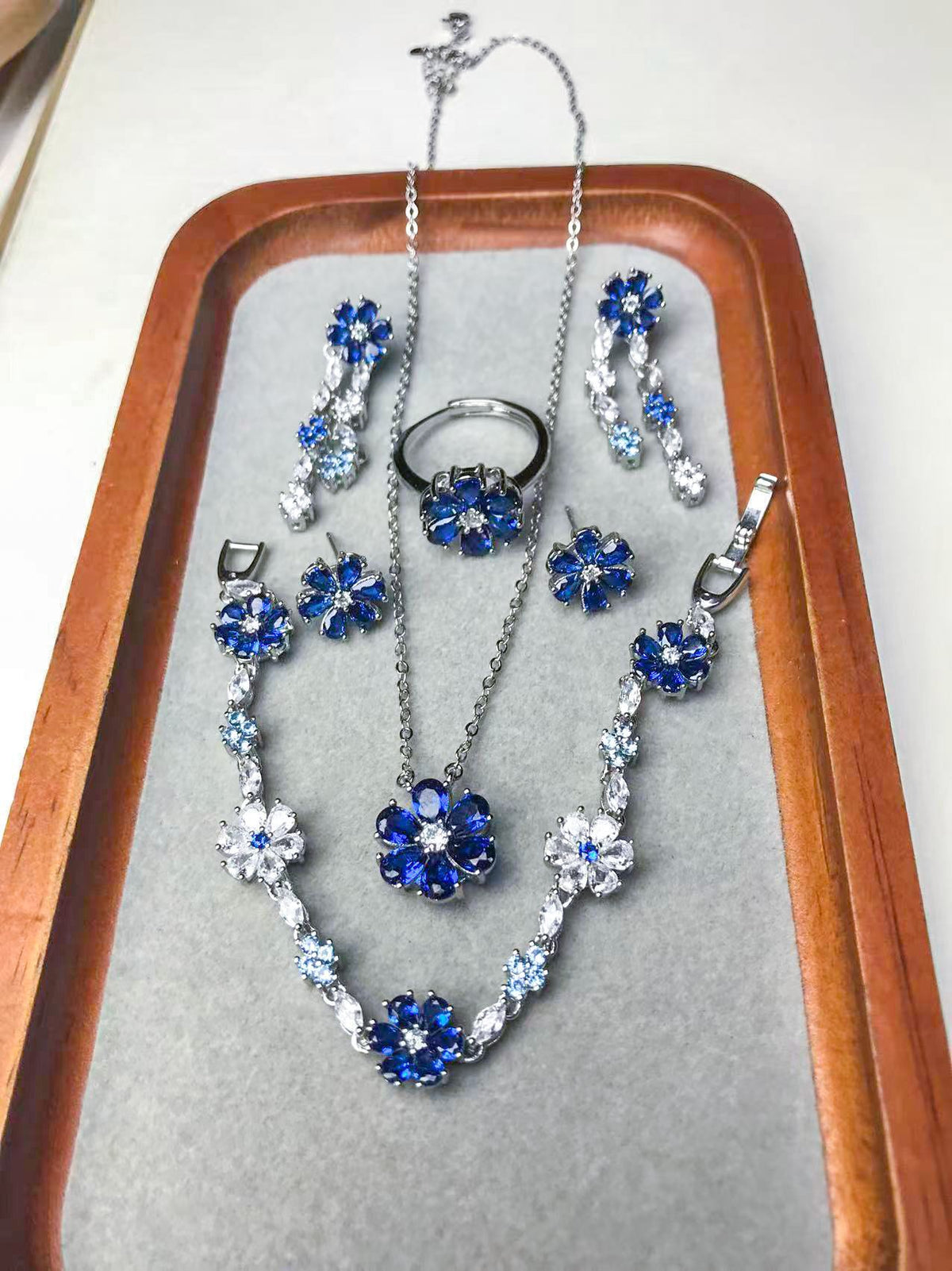 Gold-Plated Sapphire Blue Flower Ring, Necklace, Earrings & Bracelet