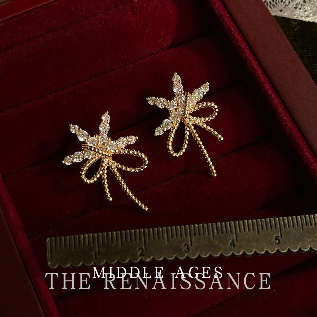 Christmas limited ~vintage Christmas series zircon bell bow earrings