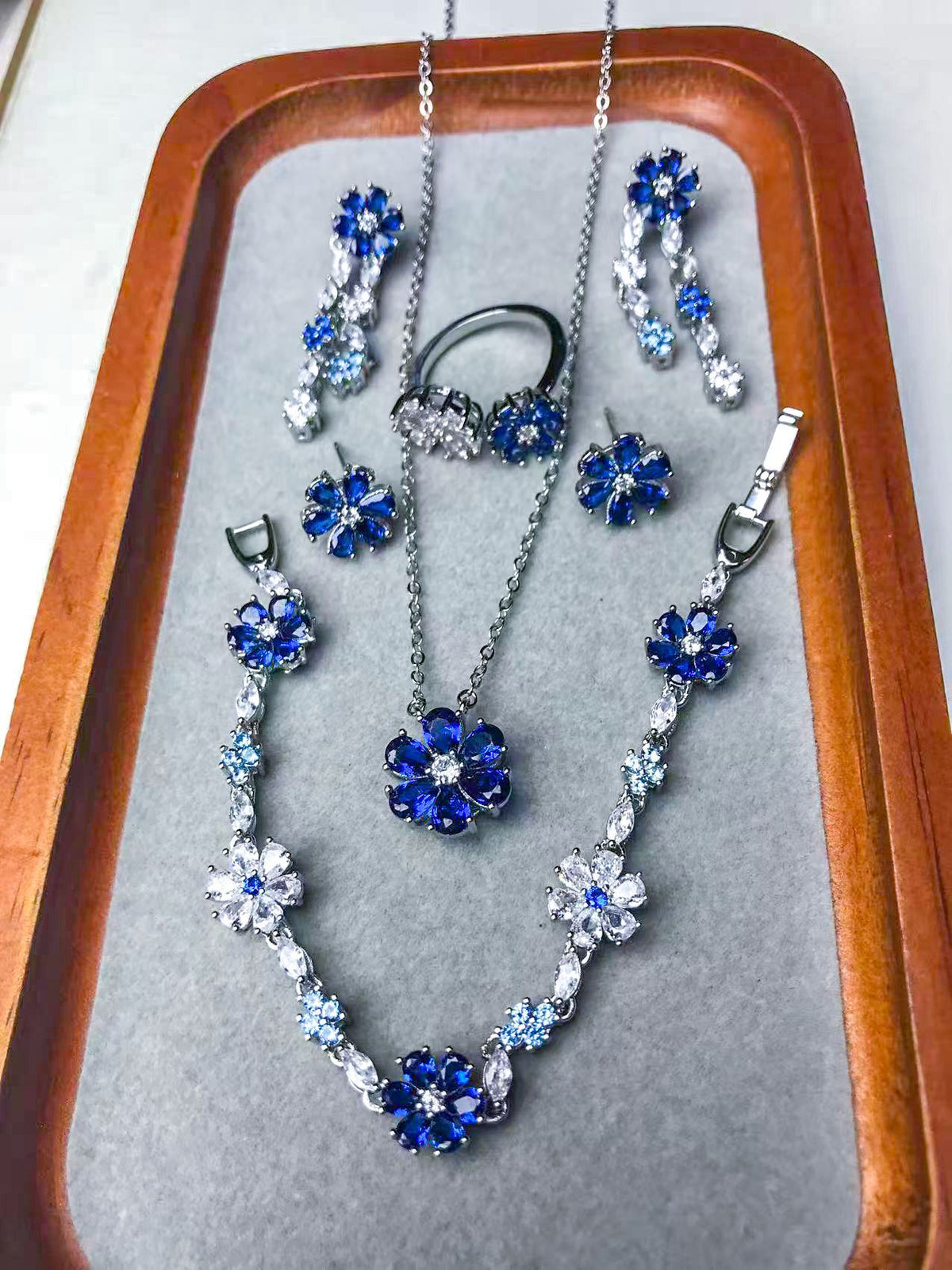 Gold-Plated Sapphire Blue Flower Ring, Necklace, Earrings & Bracelet