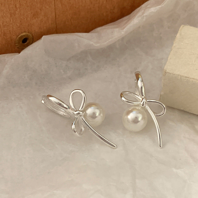 925 silver needle plated with real gold Bow Pearl Earrings
