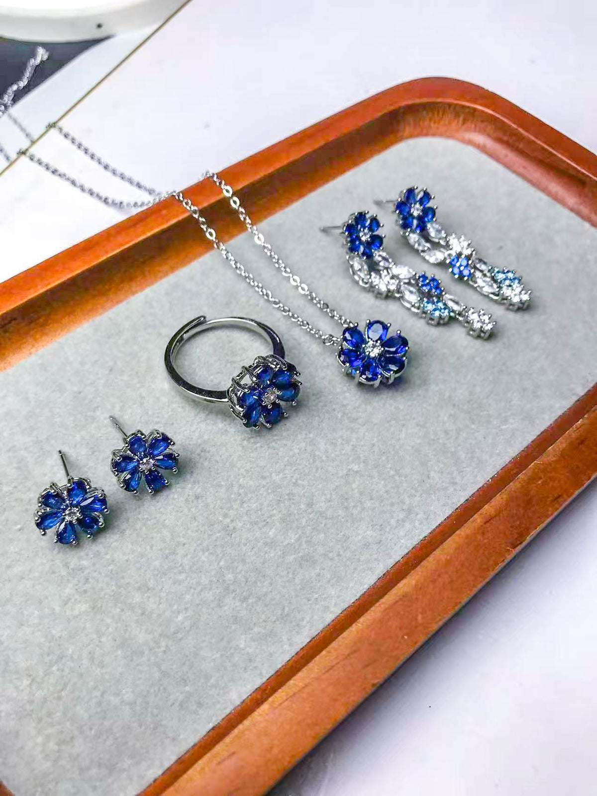 Gold-Plated Sapphire Blue Flower Ring, Necklace, Earrings & Bracelet
