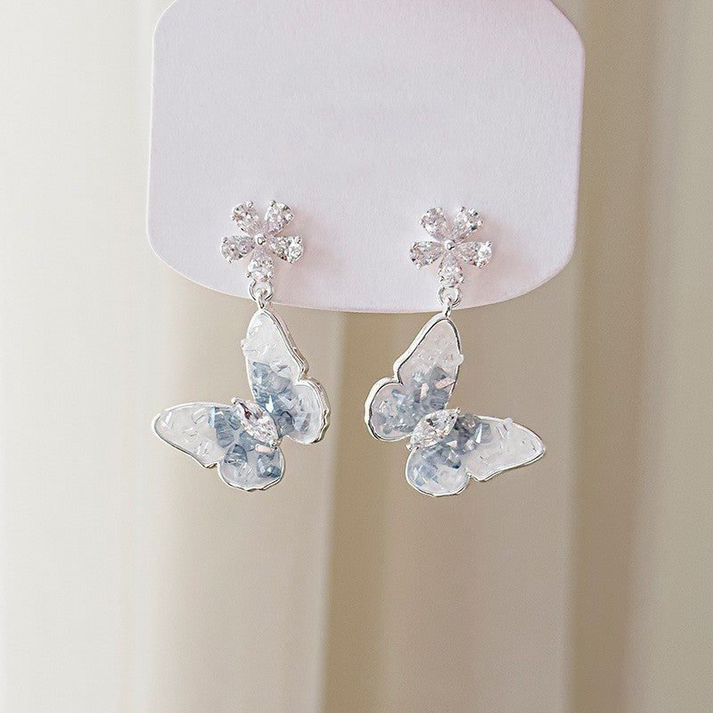 Silver needle gradient blue butterfly flower earrings