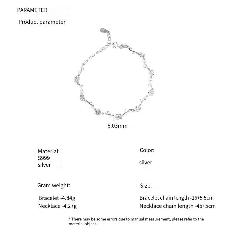 S999 sterling silver rose necklace bracelet set