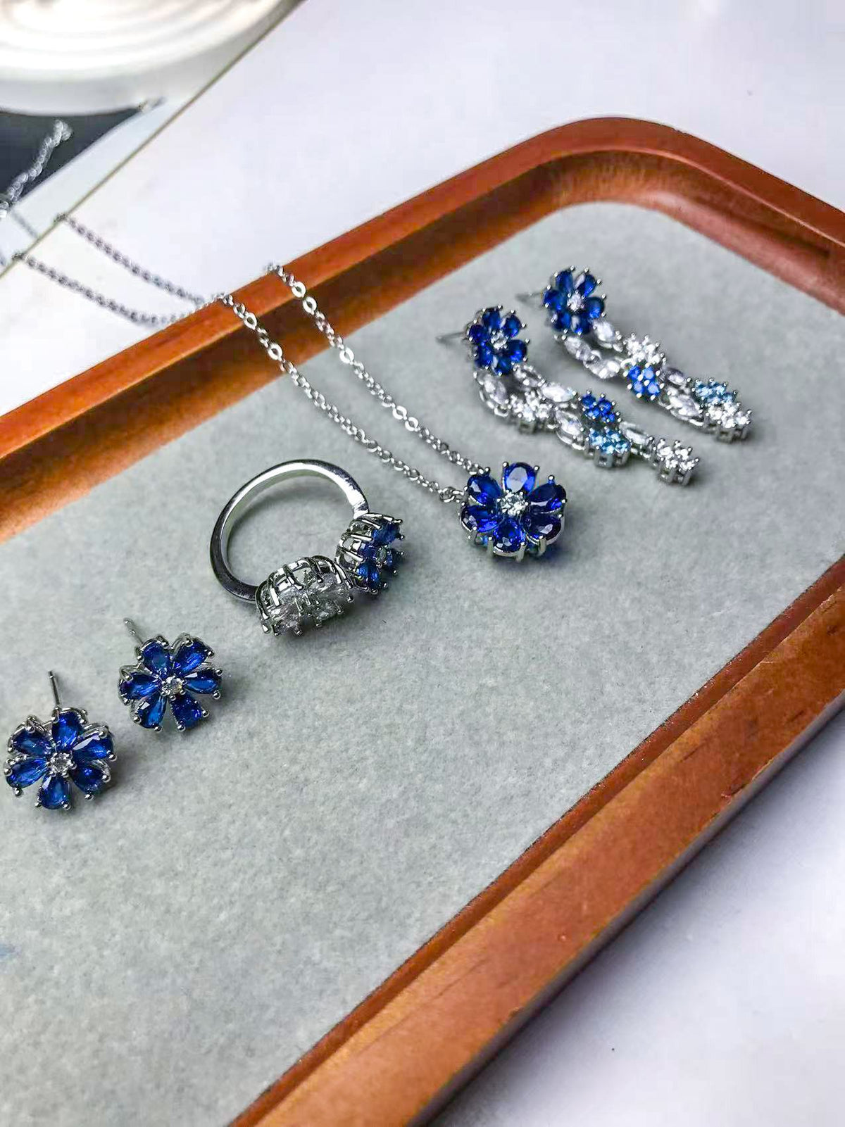 Gold-Plated Sapphire Blue Flower Ring, Necklace, Earrings & Bracelet