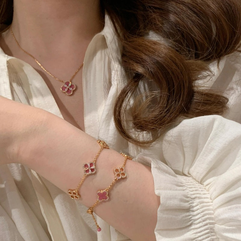 Rose Pink Flower Flash Diamond Clover Bracelet Necklace Earrings Set