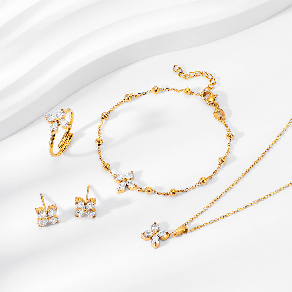 ジルコンチタンスチールカラーファストブレスレットネックレスリングイヤリングジュエリーセット