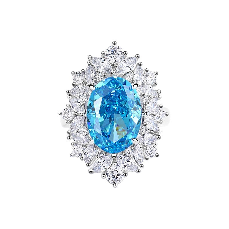 خاتم من الفضة الإسترليني 925 مرصع بأحجار الأكوامارين والزركون الأحمر من الفئة 8A، عالي الكربون، مرصع بالألماس