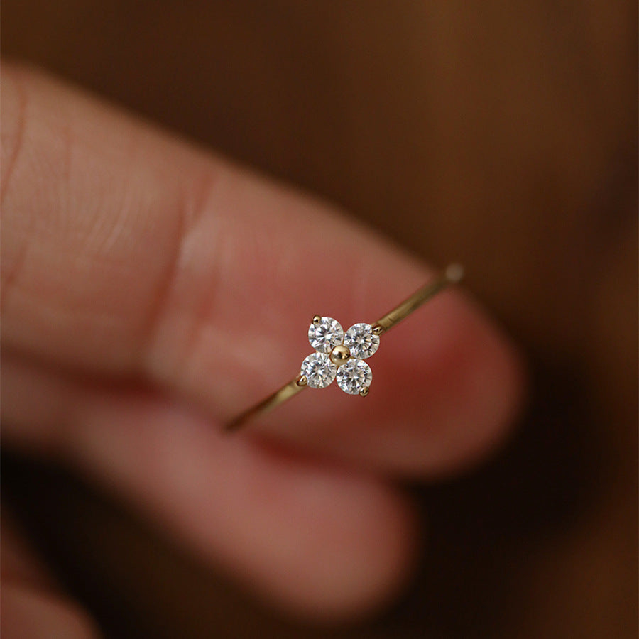S925 silver, 18K gold, four-leaf clover with zircon, delicate ring.