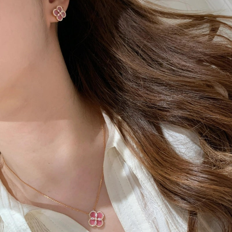 Rose Pink Flower Flash Diamond Clover Bracelet Necklace Earrings Set