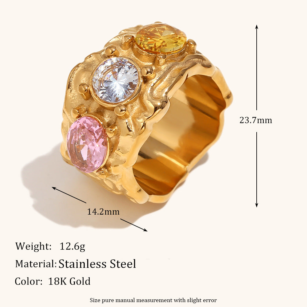 Irregular colored diamond stainless steel bracelet ring earrings plated with 18K gold.