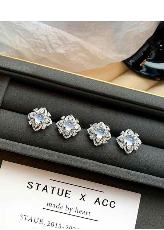 Silver needle zircon flower earrings