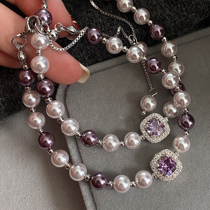 Manta rose Swarovski pearl bracelet inlaid with sugar cube purple zirconium bracelet necklace ring